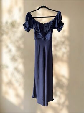 Hello Molly Sky Child Satin Off-the-Shoulder Maxi Dress Navy Blue - Size MEDIUM